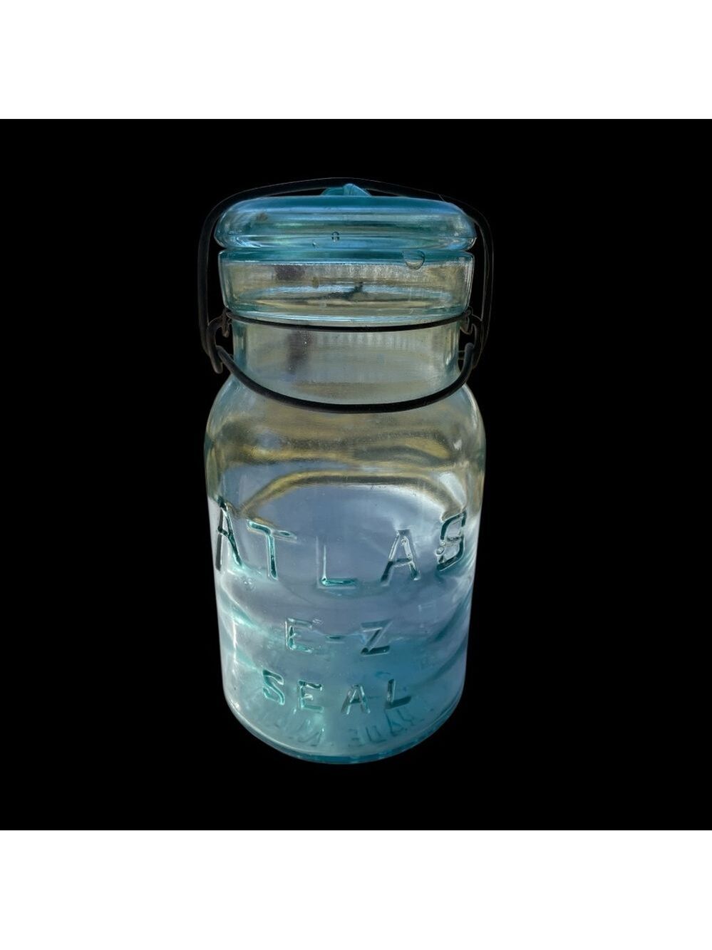 Antique Aqua Putnam “Lightening” Fruit Jar w/Glass Lid & Wire Bail Closure.